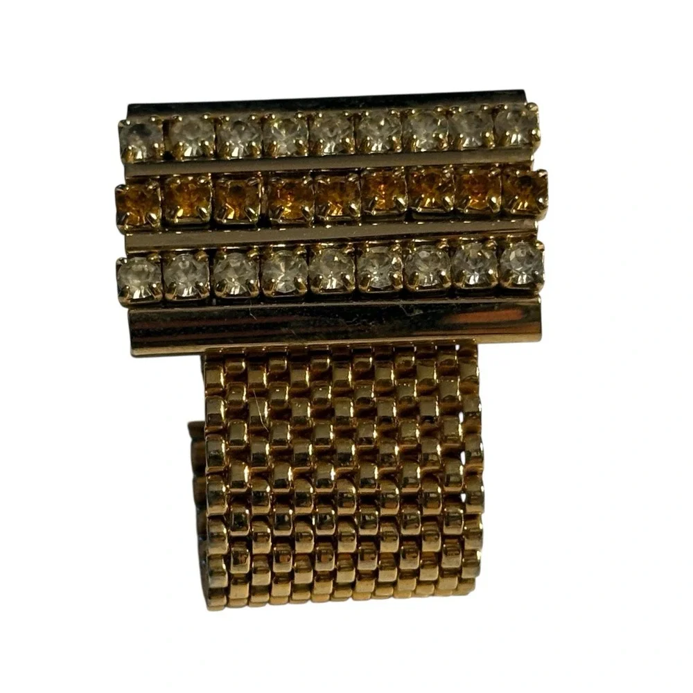 Vintage Cufflinks Yellow & Clear Rhinestone Gold Tone Mesh Wrap Around MCM Retro